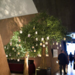 Decorative tree with hanging cards in a hallway.